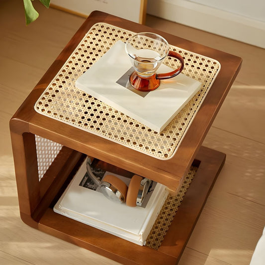 Modern C-Shape Wood End Table with Rattan Top