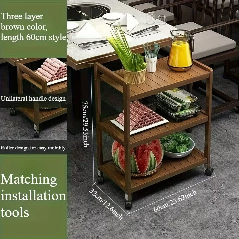 3-Tier Wooden Rolling Serving Cart with Storage Shelves