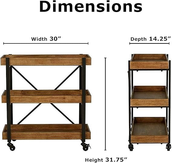 Adore Decor Riley Modern Rustic Rolling Bar Cart with Wheels | Sheesham Wood & Metal Kitchen Organizer Utility Trolley