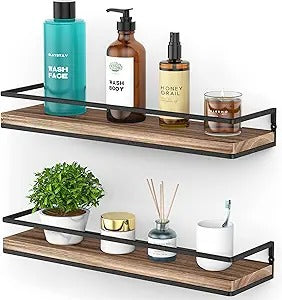 Set of 2 Rustic Wood Wall Storage Shelves for Bedroom