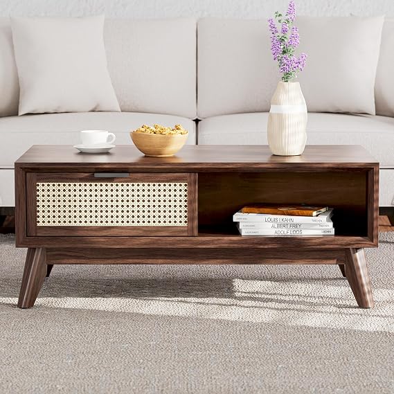 Modern Solid Wood Coffee Table with Storage, Accent Rattan Design