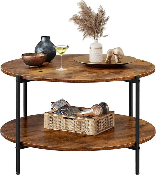 Round Coffee Table with 2 Levels, Living Room Table, Wood, Stub Table with Metal Frame