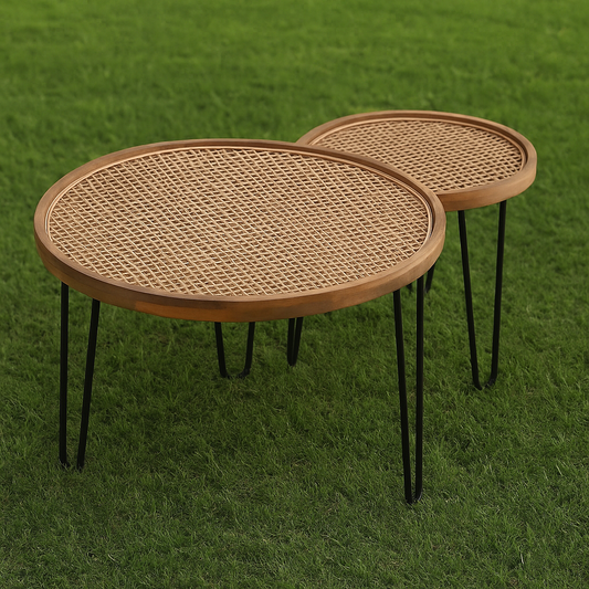 Handmade Rattan Round Side Tables (Pair) – Natural Cane Top with Hairpin Legs