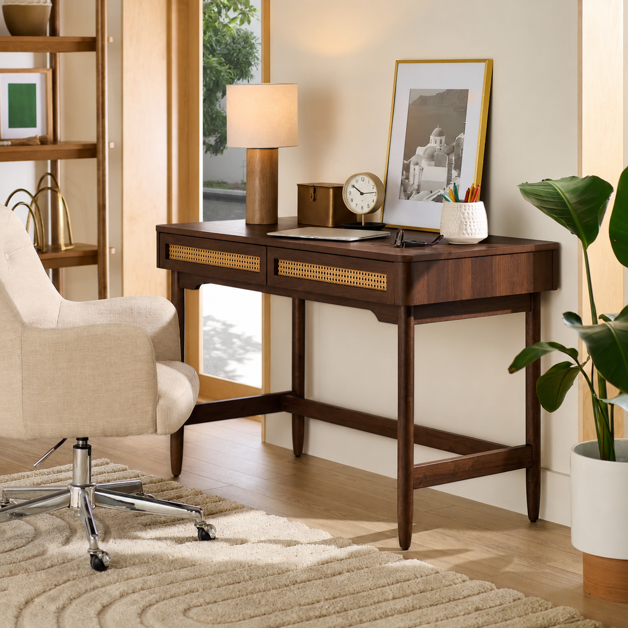 Solid Sheesham Wood Writing Desk with Cane Drawers | Home Office Laptop Table | Modern Study Desk