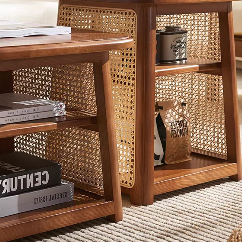 High Combination Solid Wood Rattan Nesting Coffee Table