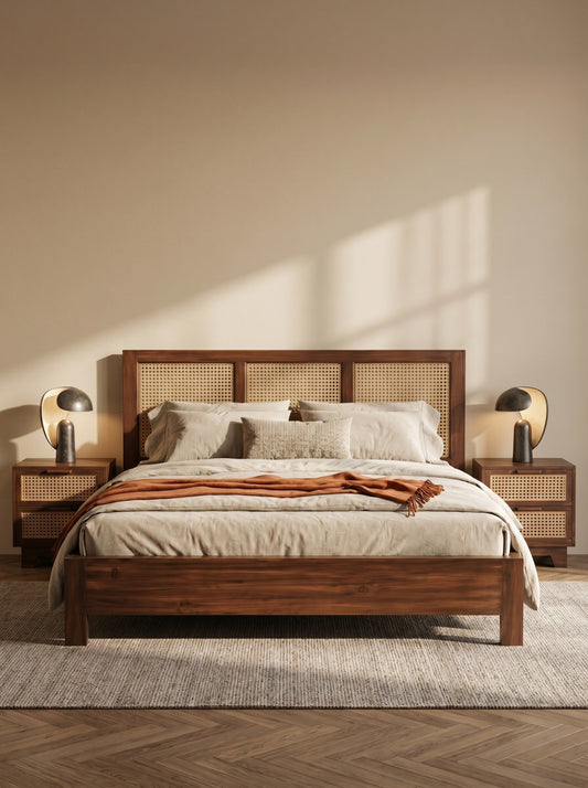 Rattan Cane Bed Set | Handcrafted Solid Wood Bedroom Set
