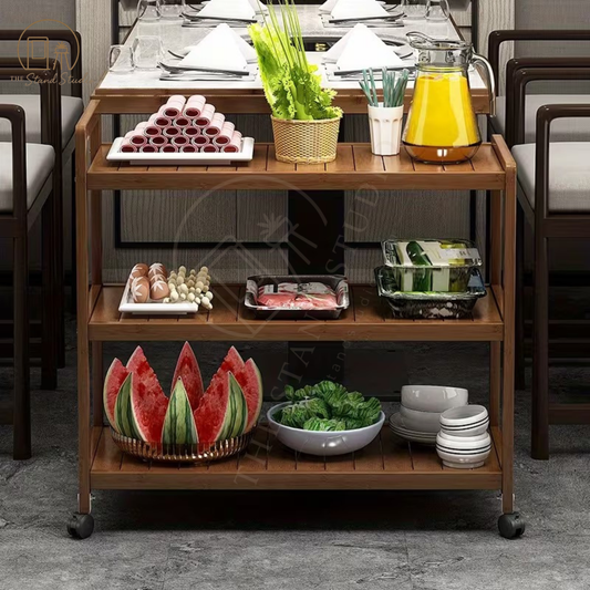 3-Tier Wooden Rolling Serving Cart with Storage Shelves