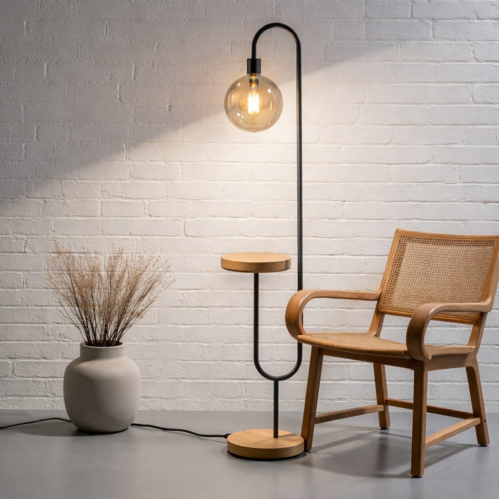 Modern Globe Shelf Floor Lamp: Handmade Oak & Metal Lighting