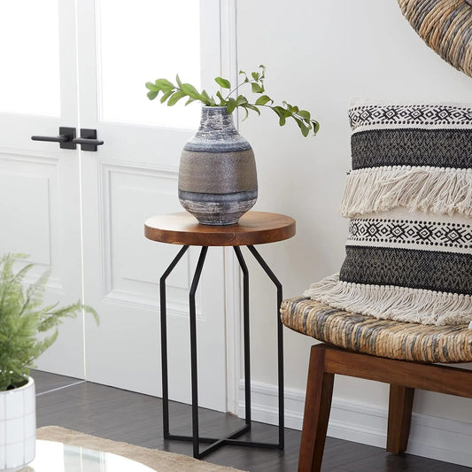 Sheesham Wood Black Metal Accent Table