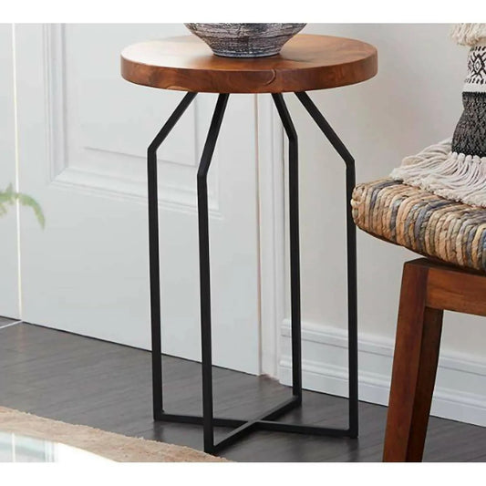 Sheesham Wood Black Metal Accent Table