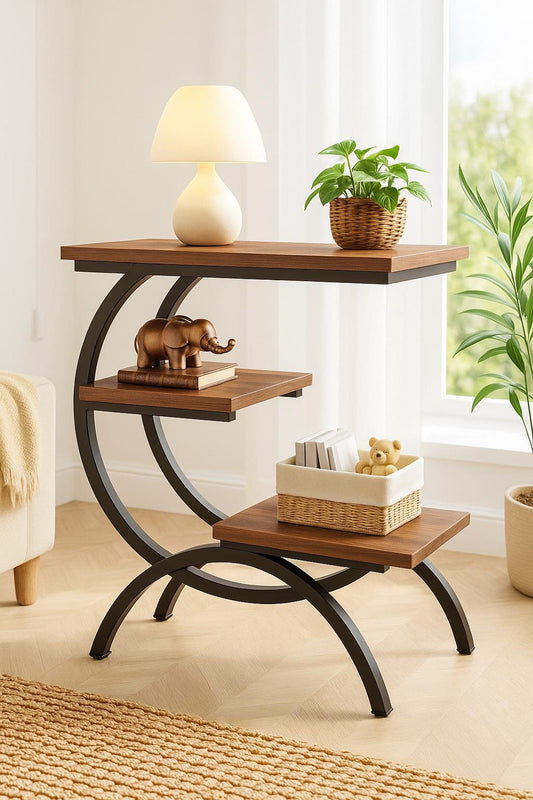 3-Tier Wood & Metal Side Table with Storage Shelf