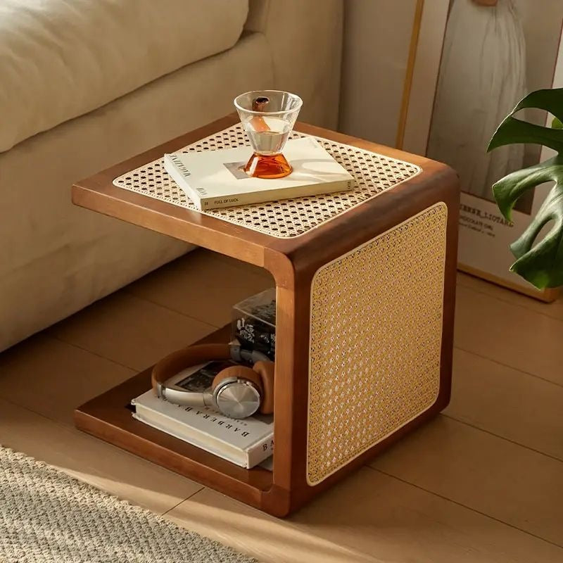Modern C-Shape Wood End Table with Rattan Top