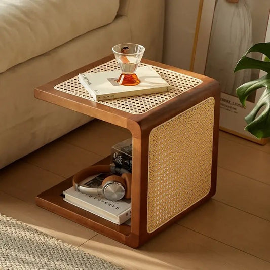 Modern C-Shape Wood End Table with Rattan Top