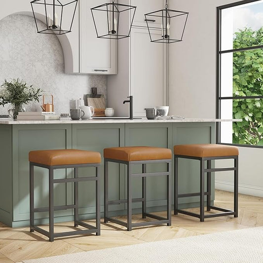 Modern 24-Inch Counter Stool | Backless Metal Frame Bar Stools Counter Height | Decorative Home Furniture, Carmel Faux Leather