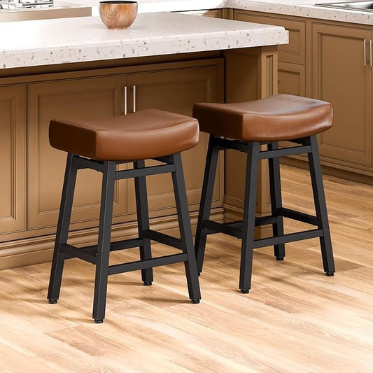 Counter Height Bar, 24 Inch Backless Bar Stools for Kitchen Island Leather Saddle Bar Chairs Kitchen Stools with 4" Thick Seats & Heavy Duty Metal Base, Black