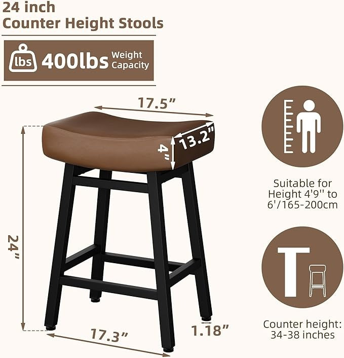 Counter Height Bar, 24 Inch Backless Bar Stools for Kitchen Island Leather Saddle Bar Chairs Kitchen Stools with 4" Thick Seats & Heavy Duty Metal Base, Black