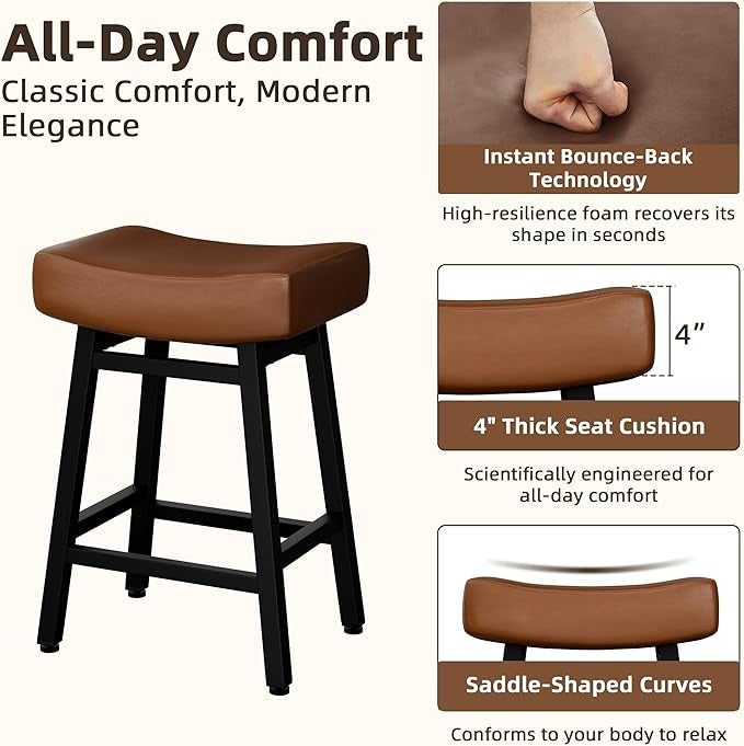 Counter Height Bar, 24 Inch Backless Bar Stools for Kitchen Island Leather Saddle Bar Chairs Kitchen Stools with 4" Thick Seats & Heavy Duty Metal Base, Black