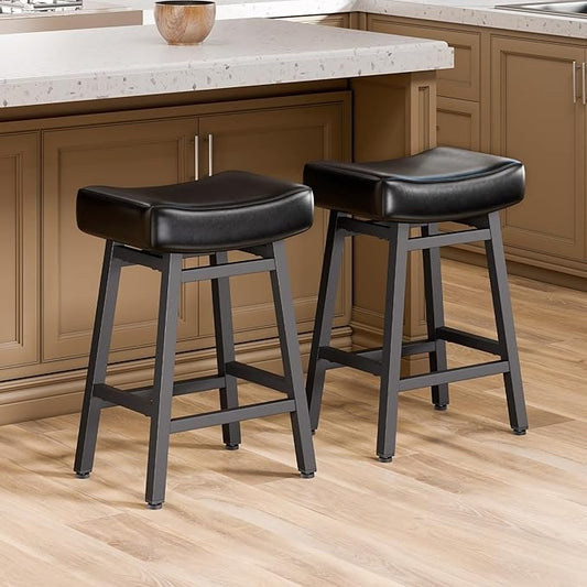 Counter Height Bar, 24 Inch Backless Bar Stools for Kitchen Island Leather Saddle Bar Chairs Kitchen Stools with 4" Thick Seats & Heavy Duty Metal Base, Black
