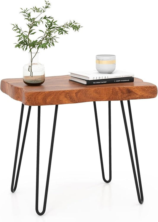 Sheesham Wood End Table, Solid Live Edge Outdoor Side Table w/Natural Grain & Heavy-Duty Metal Legs, Rustic Plant Stand for Living Room Patio Balcony