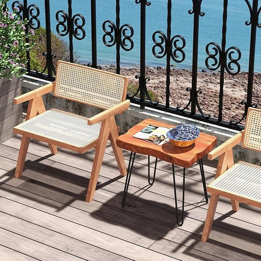 Sheesham Wood End Table, Solid Live Edge Outdoor Side Table w/Natural Grain & Heavy-Duty Metal Legs, Rustic Plant Stand for Living Room Patio Balcony