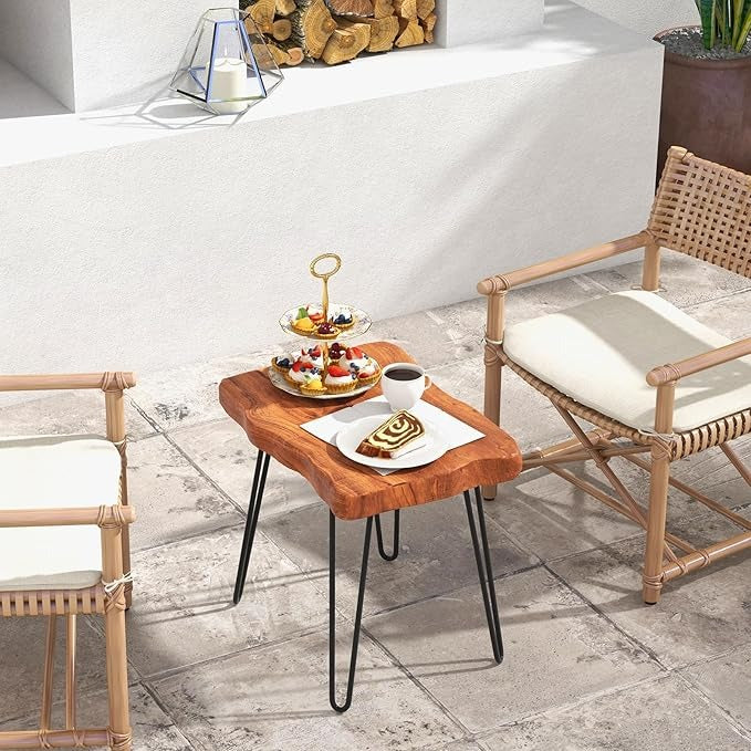 Sheesham Wood End Table, Solid Live Edge Outdoor Side Table w/Natural Grain & Heavy-Duty Metal Legs, Rustic Plant Stand for Living Room Patio Balcony