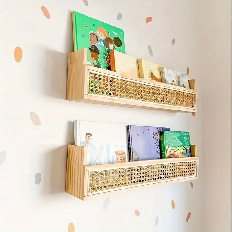 Vintage-Style Bamboo & Rattan Wall Shelf with Hooks - Versatile Storage for Any Room