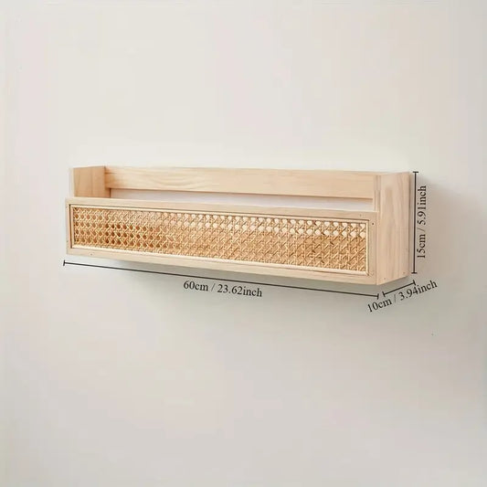 Vintage-Style Bamboo & Rattan Wall Shelf with Hooks - Versatile Storage for Any Room