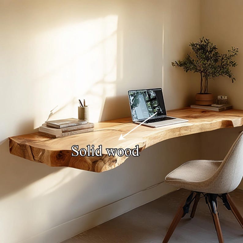 Floating Live Edge Desk – Handmade Natural Wood Table – Minimalist Home Office Furniture for Small Spaces