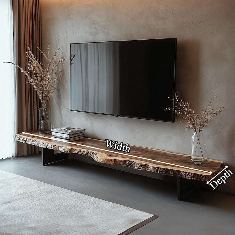 Rustic Live Edge TV Stand β Solid Sheesham Wood Floating Console Shelf β Handmade Natural Media Cabinet & Wooden TV Bench