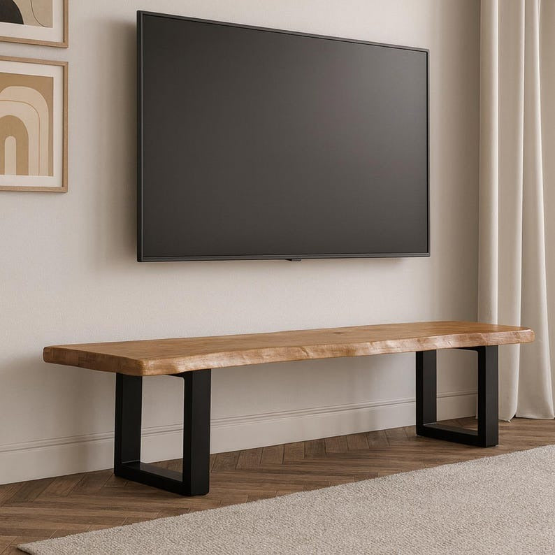 Live Edge Wood TV Stand, Handmade Rustic Media Console with Black Wooden Legs, Solid Wood TV Unit for Living Room