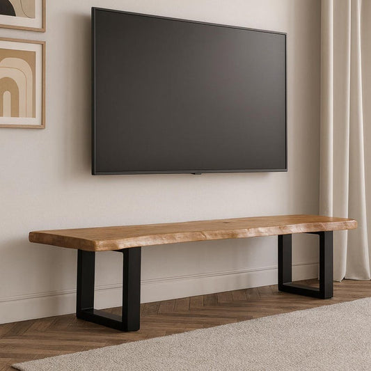 Live Edge Wood TV Stand, Handmade Rustic Media Console with Black Wooden Legs, Solid Wood TV Unit for Living Room