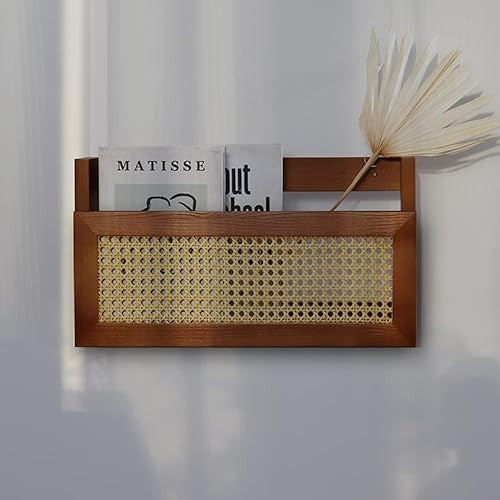 Wall Wood Magazine Rack with Rattan Grid, Size, File Holder For Entryway, Living Room, Waiting Room, Kids’ room, Office