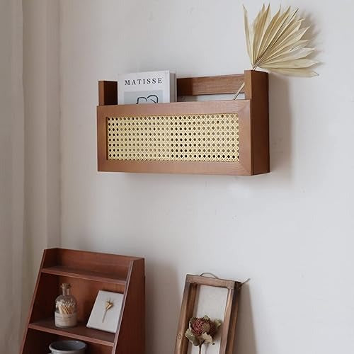 Wall Wood Magazine Rack with Rattan Grid, Size, File Holder For Entryway, Living Room, Waiting Room, Kids’ room, Office