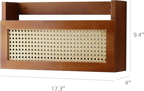 Wall Wood Magazine Rack with Rattan Grid, Size, File Holder For Entryway, Living Room, Waiting Room, Kids’ room, Office