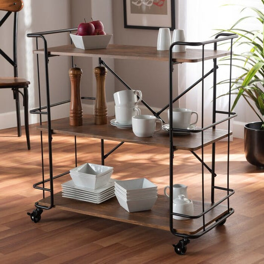 Neal Rustic Industrial Black Metal & Sheesham Wood Bar and Kitchen Serving Cart with Wheels
