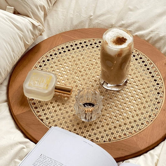 Handcrafted Rattan & Sheesham Wood Round Serving Tray | Rustic Coffee & Tea Tray