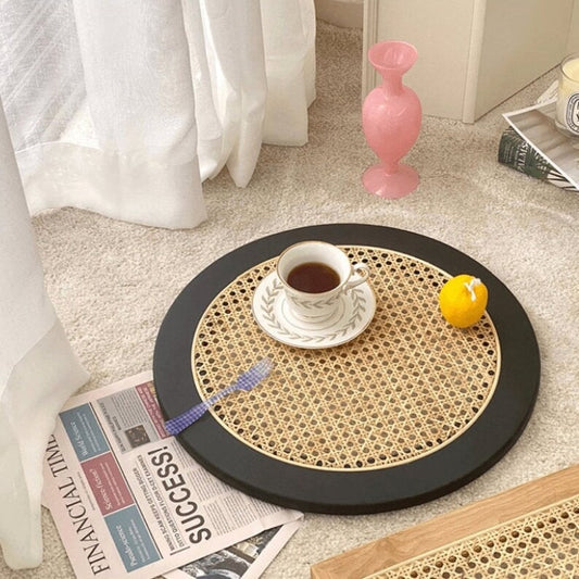 Handcrafted Rattan & Sheesham Wood Round Serving Tray | Rustic Coffee & Tea Tray