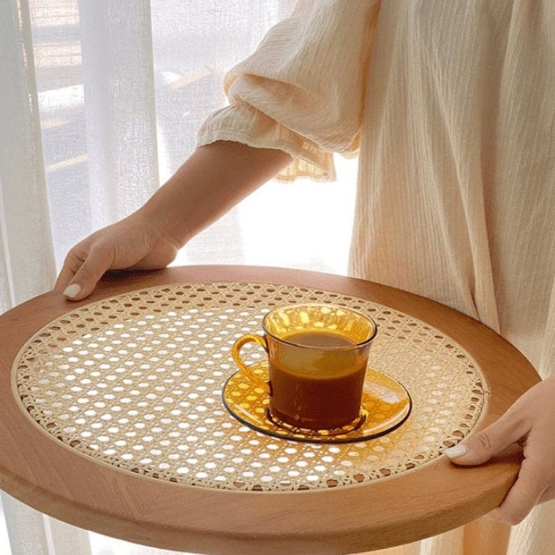 Handcrafted Rattan & Sheesham Wood Round Serving Tray | Rustic Coffee & Tea Tray