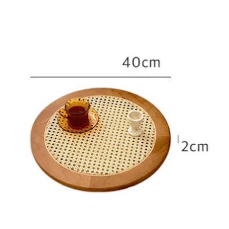 Handcrafted Rattan & Sheesham Wood Round Serving Tray | Rustic Coffee & Tea Tray