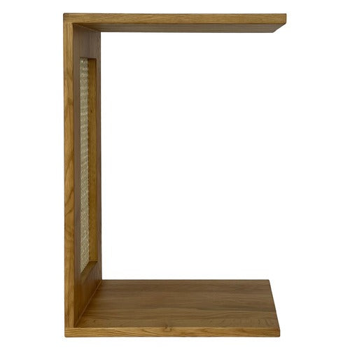 C-Shaped Oak Wood & Rattan Side Table | Modern Sofa & Bedside End Table