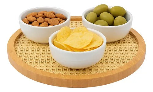 Round Bamboo & Rattan Serving Tray | Rustic Snack & Coffee Table Tray