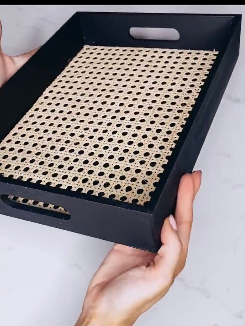 Matte Black Rattan Serving Tray | Modern Vanity Tray & Stylish Home Décor Accent