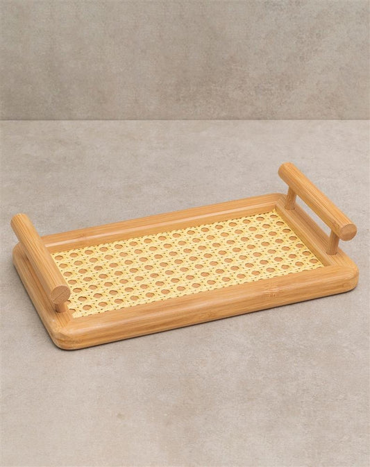 Rectangular Bamboo Serving Tray with Straw Handles | Rustic Eco-Friendly Home Décor