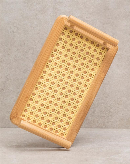 Rectangular Bamboo Serving Tray with Straw Handles | Rustic Eco-Friendly Home Décor