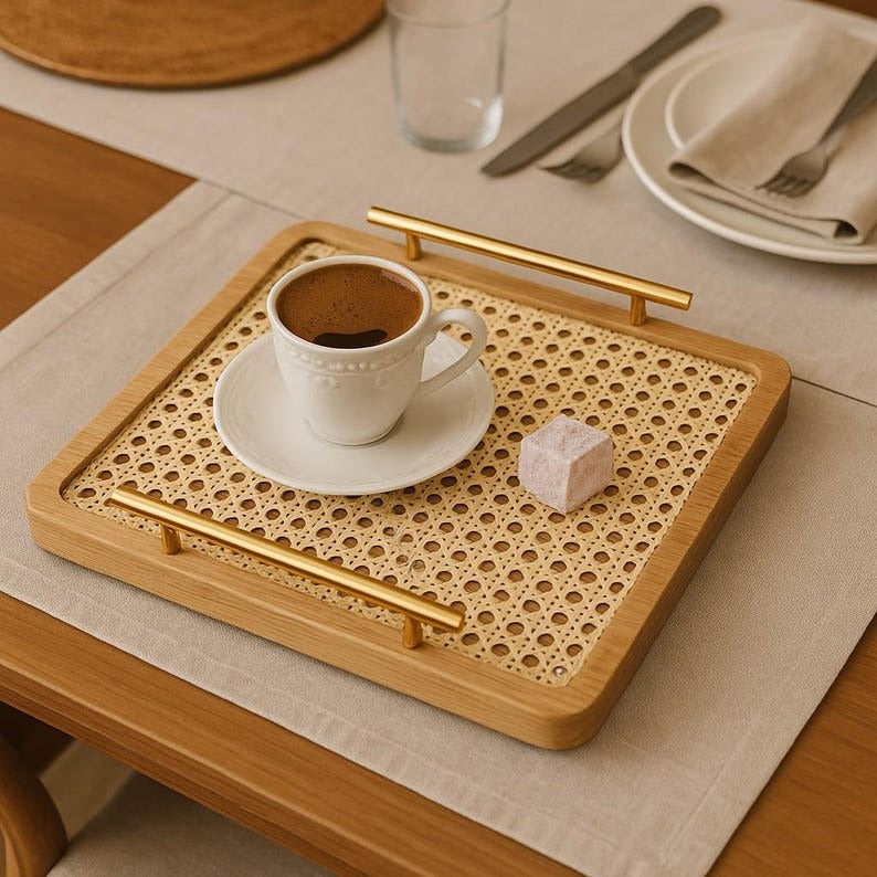 Handmade Wooden Rattan Tray – Perfect Gift for Coffee Lovers – Rustic Boho Home Decor – Natural Cane Serving Tray