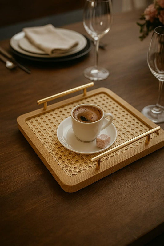 Handmade Wooden Rattan Tray – Perfect Gift for Coffee Lovers – Rustic Boho Home Decor – Natural Cane Serving Tray