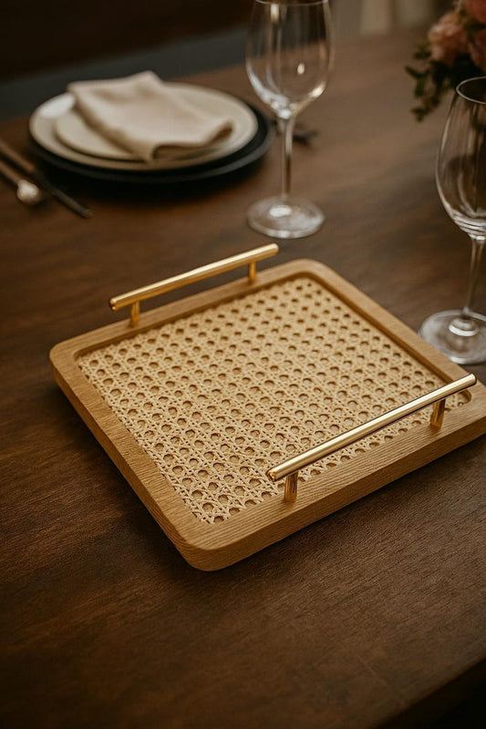 Handmade Wooden Rattan Tray – Perfect Gift for Coffee Lovers – Rustic Boho Home Decor – Natural Cane Serving Tray