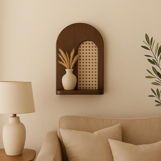 Handmade Wall Shelf with Bamboo Cane Rattan Panel – Boho Vintage Style Wooden Shelf for Living Room-Bedroom Decor