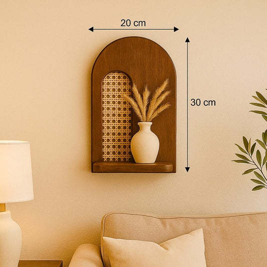 Handmade Wall Shelf with Bamboo Cane Rattan Panel – Boho Vintage Style Wooden Shelf for Living Room-Bedroom Decor