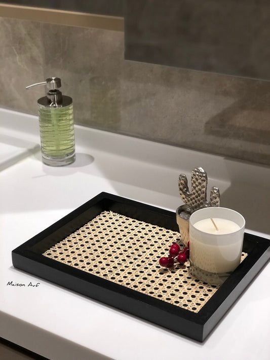 Matte Black Rattan Serving Tray | Modern Vanity Tray & Stylish Home Décor Accent
